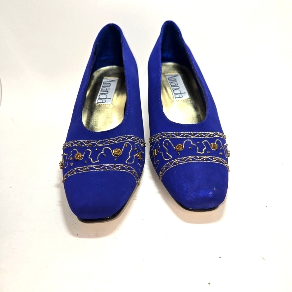 Amanda Vintage Women's Shoe Pump 8.5 Blue Suede Gold Trim Excellent Condition - Picture 2 of 6